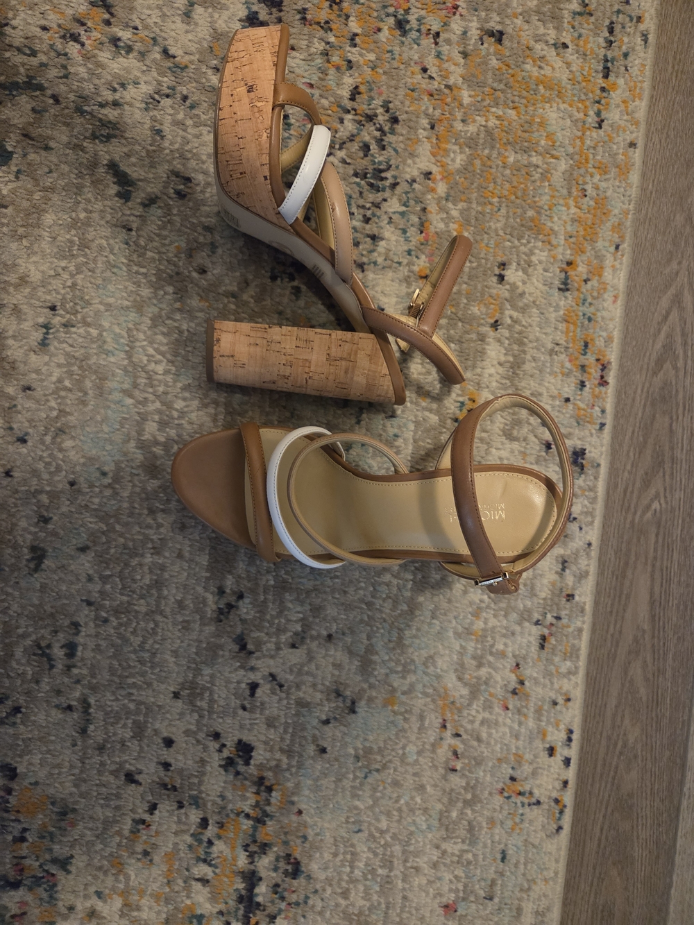 Michael Kors Tan and White Cork Block Heel Sandals